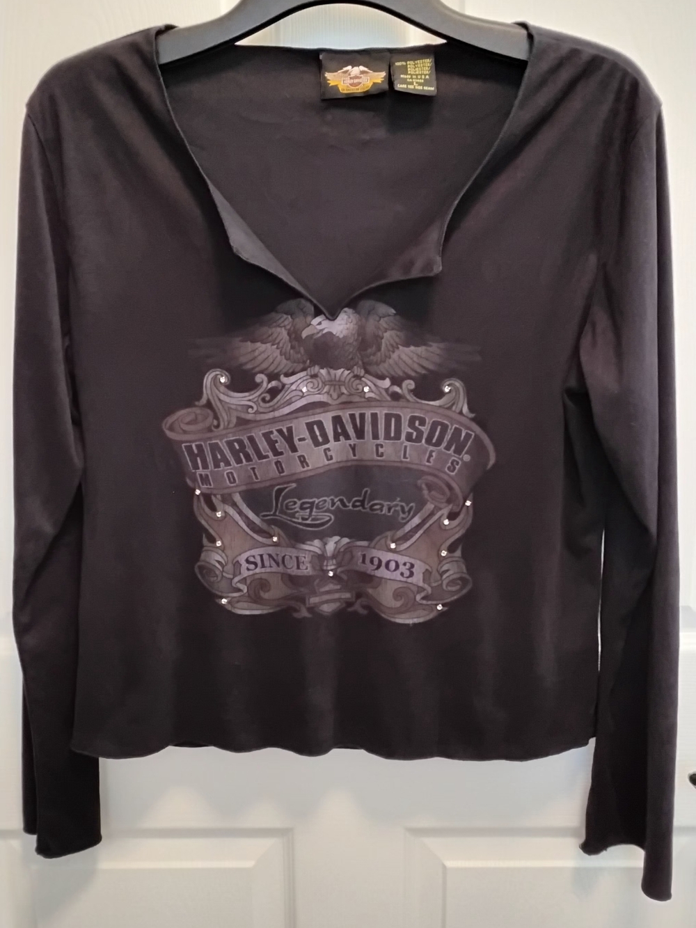 Vintage Harley Davidson Rhinestone Eagle V-notch Top Size L
